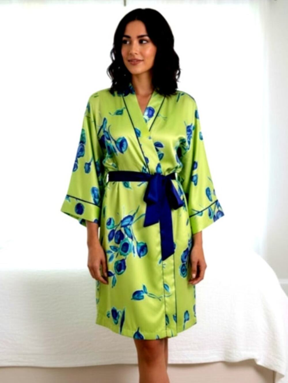 Vintage Natori Kimono Robe | 80s/90s Satin Floral | Lime & Royal Blue Size L GVC